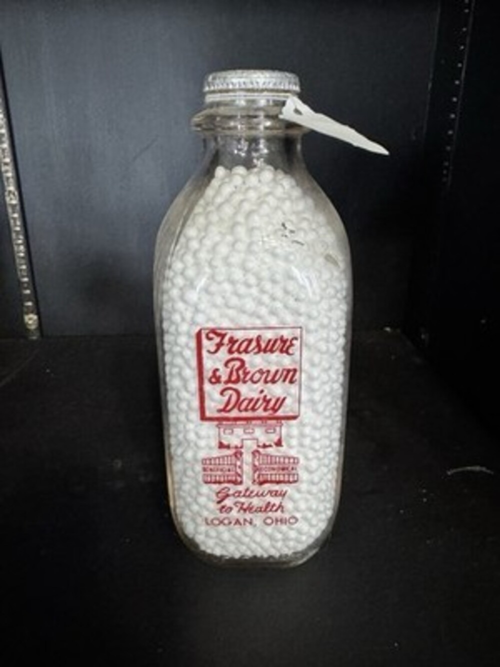 Vintage Logan OH Milk Bottle Quart Frasure Brown Dairy  W/ Metal Cap